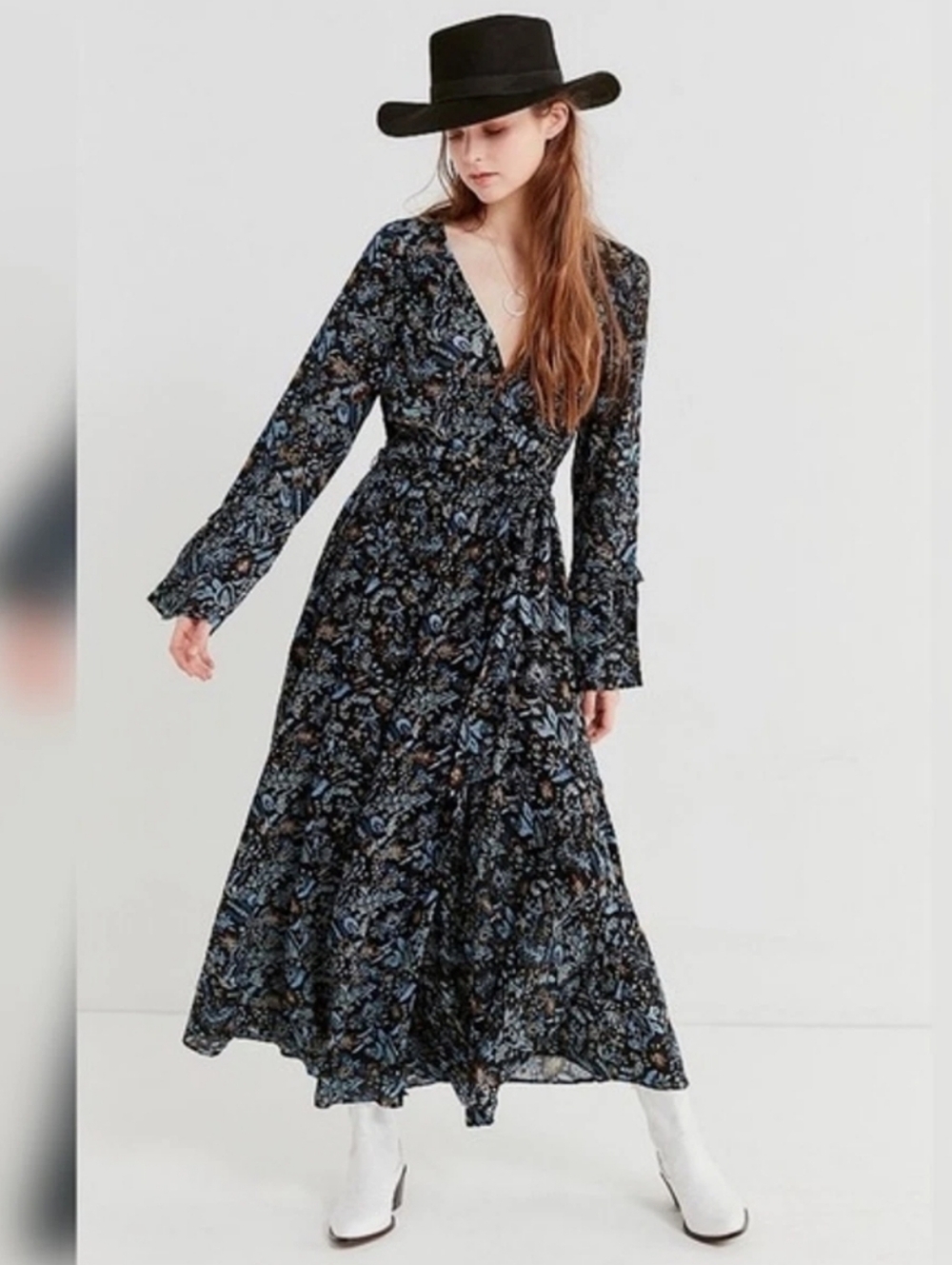 Urban Outfitters Black Floral Wrap Dress with Blue Accents